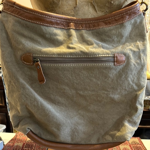 🌸Sold🌸Myra Bag Blue and Tan Shoulder Bag with Geometric Design - Picture 3 of 4